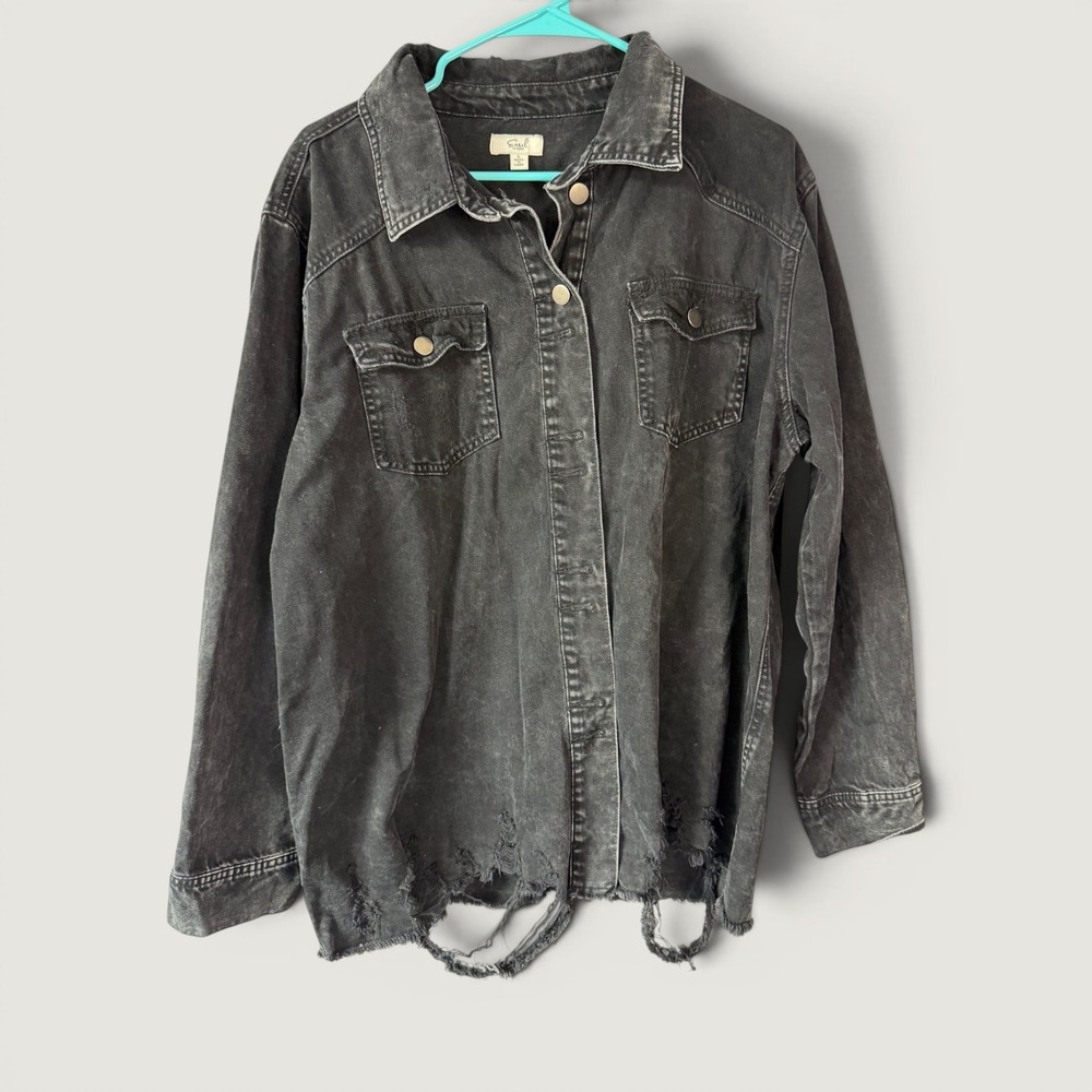 Easel Los Angeles Black Mineral Wash Distressed Denim Shacket ET14628 Large